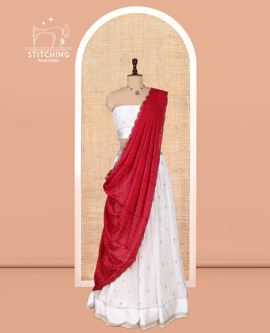 Cream-Rani Pink Viscose Georgette Half-Saree, Buttas Skirt, Matching Blouse, Contrast Checked Dhavani