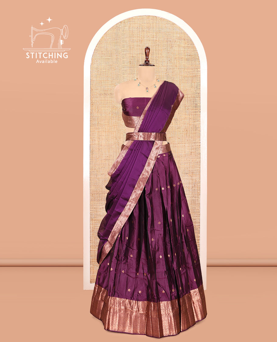 Dark Purple Semi-Silk Half-Saree, Elevated with Zari Buttas Skirt, a Matching Blouse, and a Zari Design Dhavani