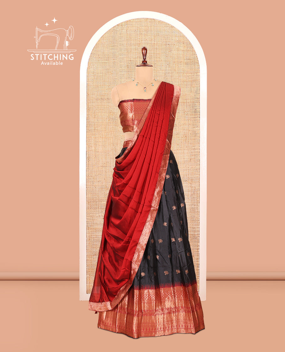 Black-Maroon Semi-Silk Half-Saree Features Zari Buttas Skirt, Contrast Traditional Zari Border, a Matching Blouse, a Contrast Blouse