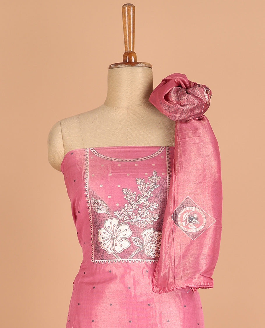 onion pink chudidhar material chanderi tissue neck weaving thread, floral butta top with satin cotton pants & chanderi tissue zari weaving dupatta