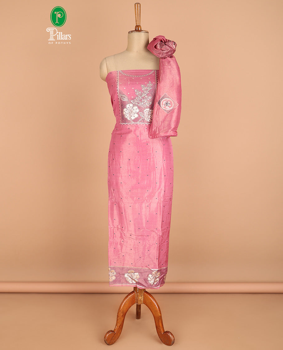 onion pink chudidhar material chanderi tissue neck weaving thread, floral butta top with satin cotton pants & chanderi tissue zari weaving dupatta