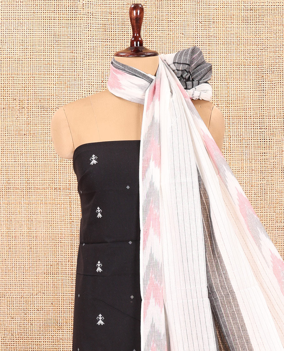 Black-Grey Handloom Cotton Material Chudidar Set, Finely Woven with Buttas Top, Contrast Striped Bottom, and an Ikat Dupatta