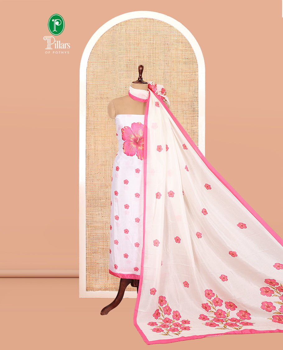 Cream-Pink Semi-Silk Material Chudidar, Floral Printed Top, Matching Bottom, Floral Printed Dupatta