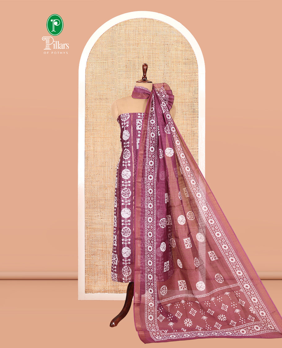 Purple Chanderi Material Chudidar Features Batik Printed Top, a Matching Bottom, and Batik Printed Dupatta