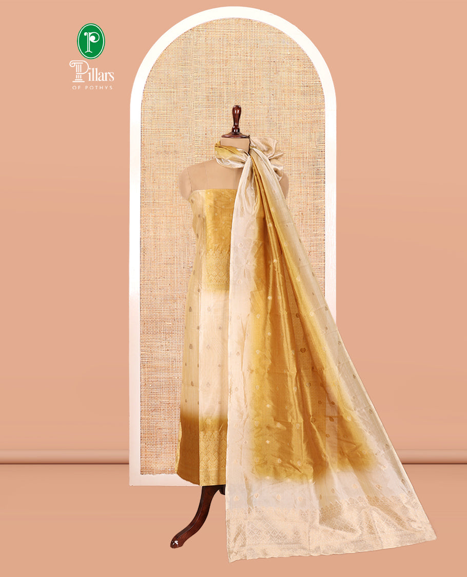 Chikku-Mustard Semi-Tussar Material Chudiddar, Buttas and Neck Work Top, Contrast Bottom, Buttas Dupatta