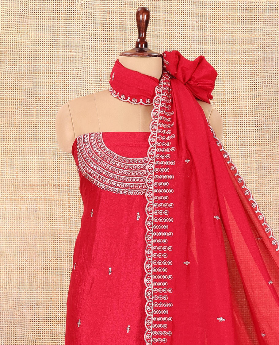 Red Vichitra Silk Material Chudiddar, Embroidered Top, Plain Bottom, Scallop Embroidered Dupatta