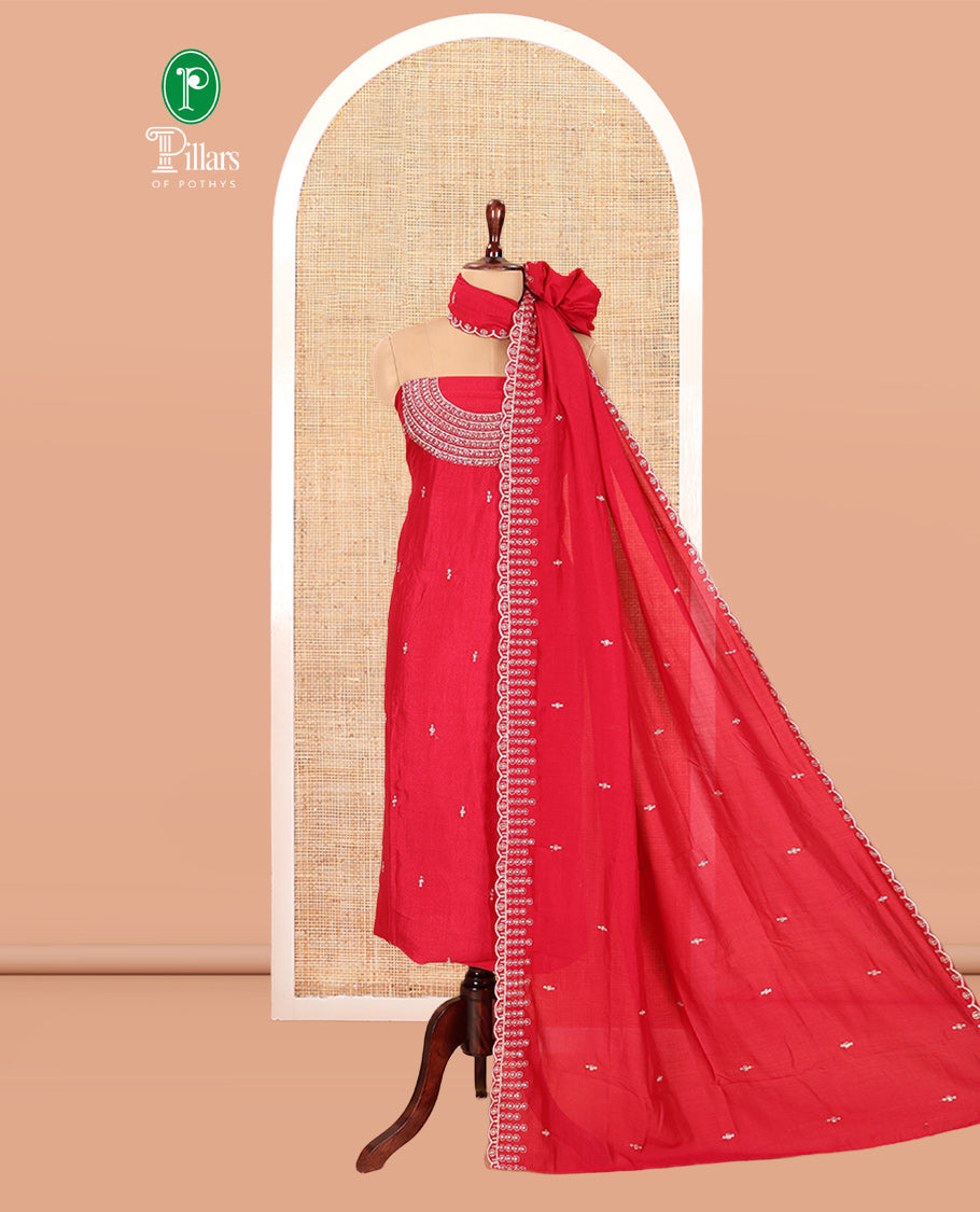 Red Vichitra Silk Material Chudiddar, Embroidered Top, Plain Bottom, Scallop Embroidered Dupatta
