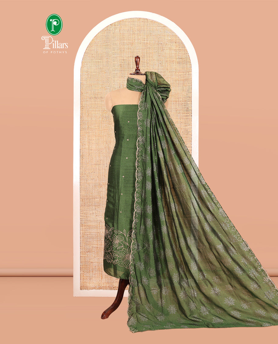 Green Semi-Silk Material Churidar Set, Floral Embroidered Top, a Matching Bottom, and a Scallop Foil Printed Dupatta