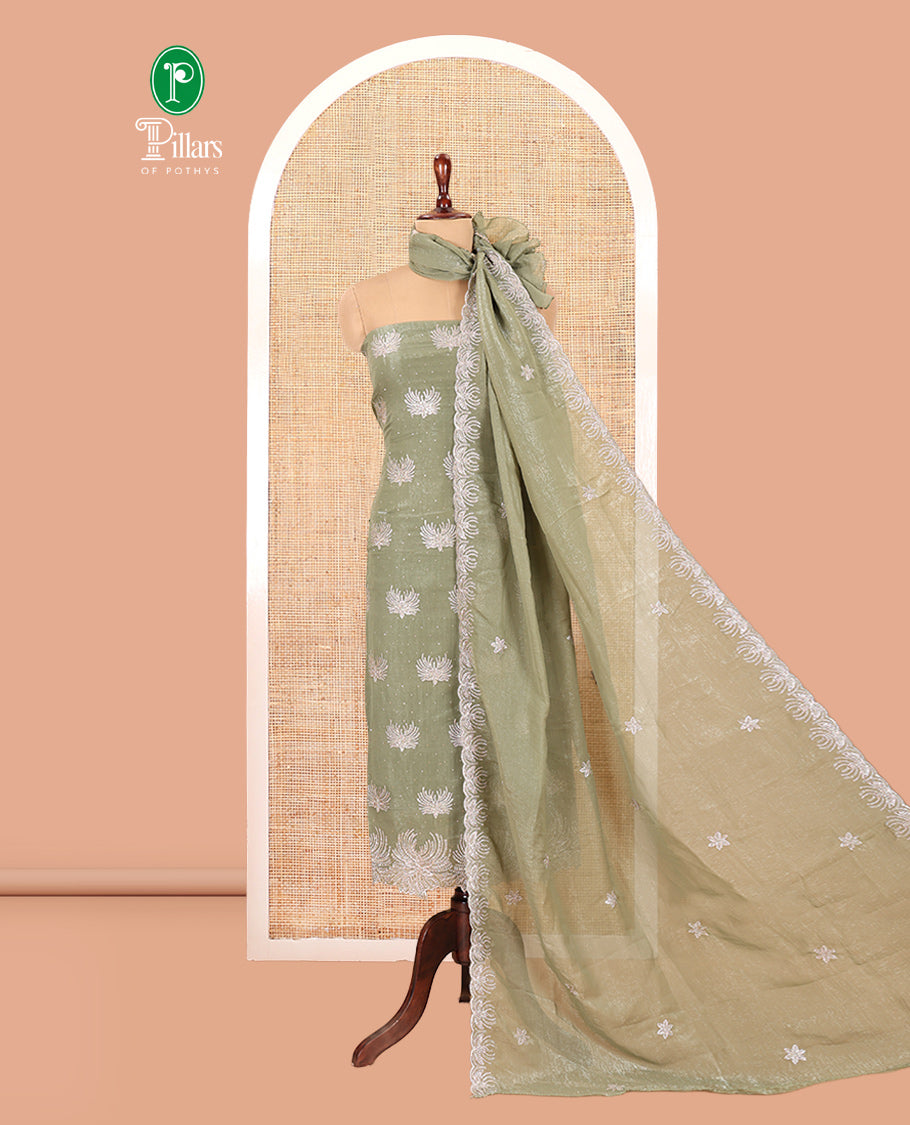 Pista Green Crunchy Chiffon Material Churidar Features Thread Embroidered-Stone Work Top, Plain Bottom, Embroidered Dupatta
