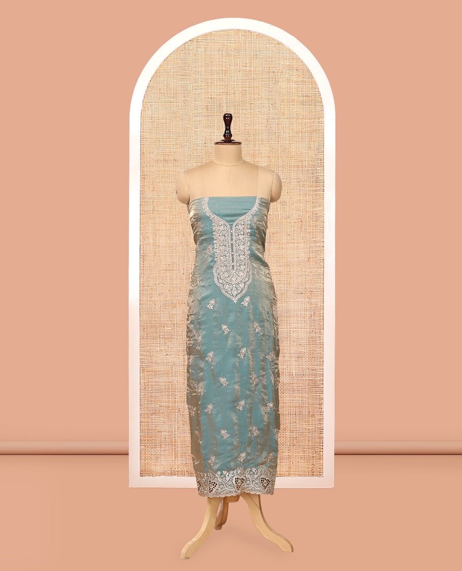Steel Blue Fendy Organza Material Chudidar Set, Adorned with Neck Embroidered Top, a Santoon Bottom, and a Embroidered Dupatta
