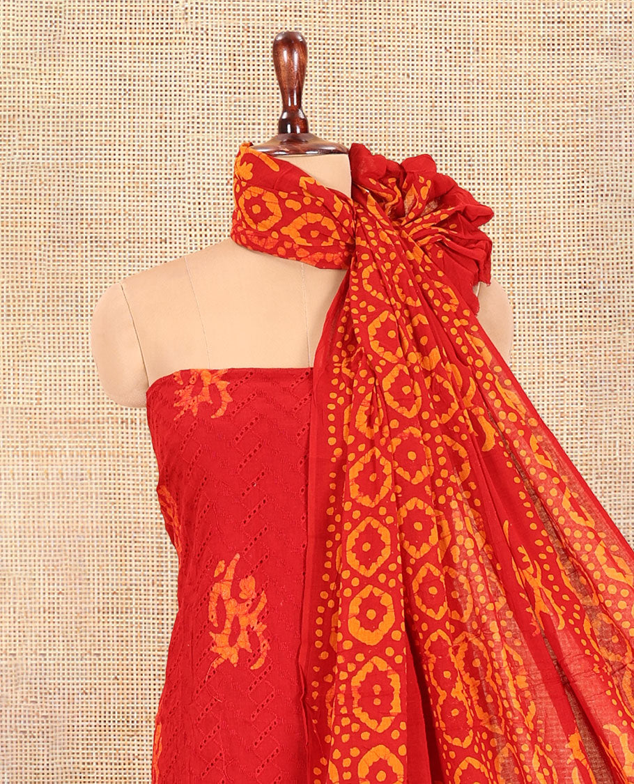 Red Cotton Material Chudidar, Batik Printed Hakoba Work Top, Contrast Bottom, Batik Printed Dupatta