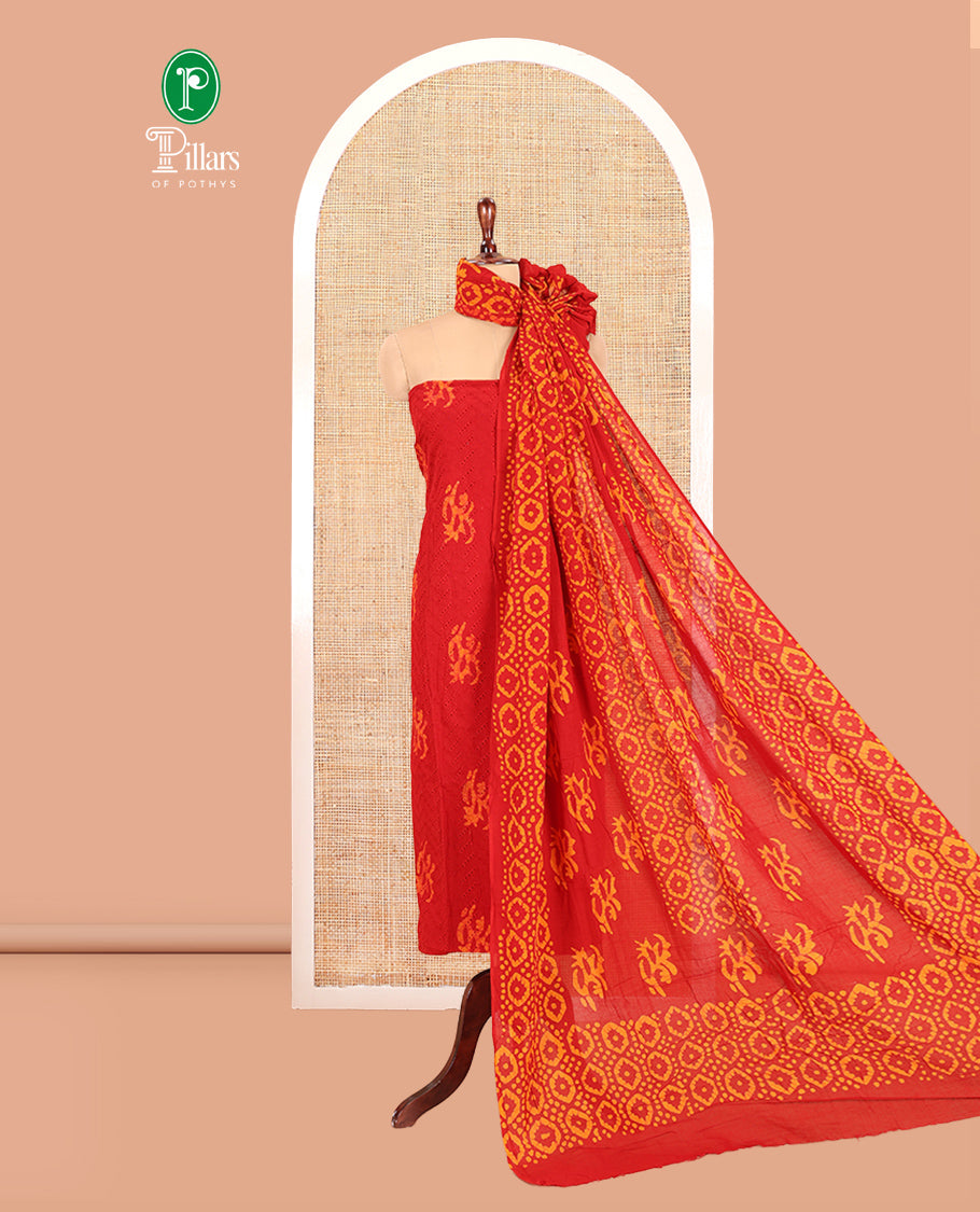 Red Cotton Material Chudidar, Batik Printed Hakoba Work Top, Contrast Bottom, Batik Printed Dupatta