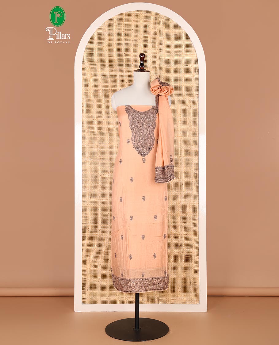 Peach warp weaving, butta design modal chanderi chudidhar material top with cotton material pant & warp weaving, butta design dupatta