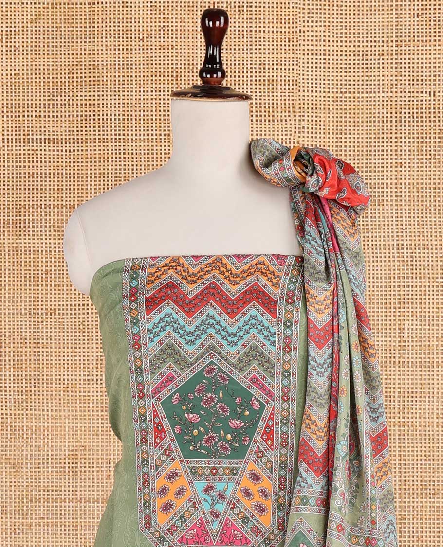 Pista green negative print, geometric design, swarovski work crepe chudidhar material top with american crepe pant & chinnon material geometric print, swarovski work dupatta