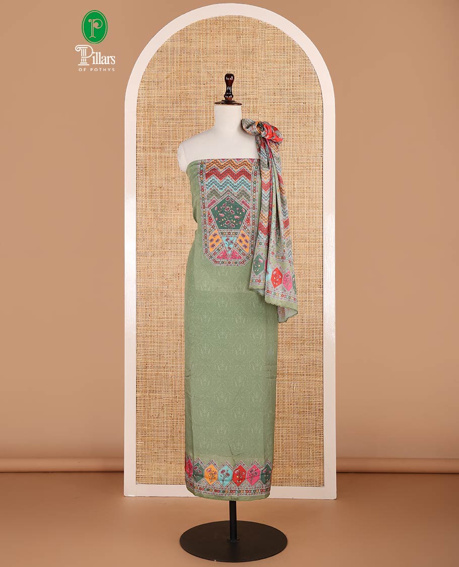 Pista green negative print, geometric design, swarovski work crepe chudidhar material top with american crepe pant & chinnon material geometric print, swarovski work dupatta