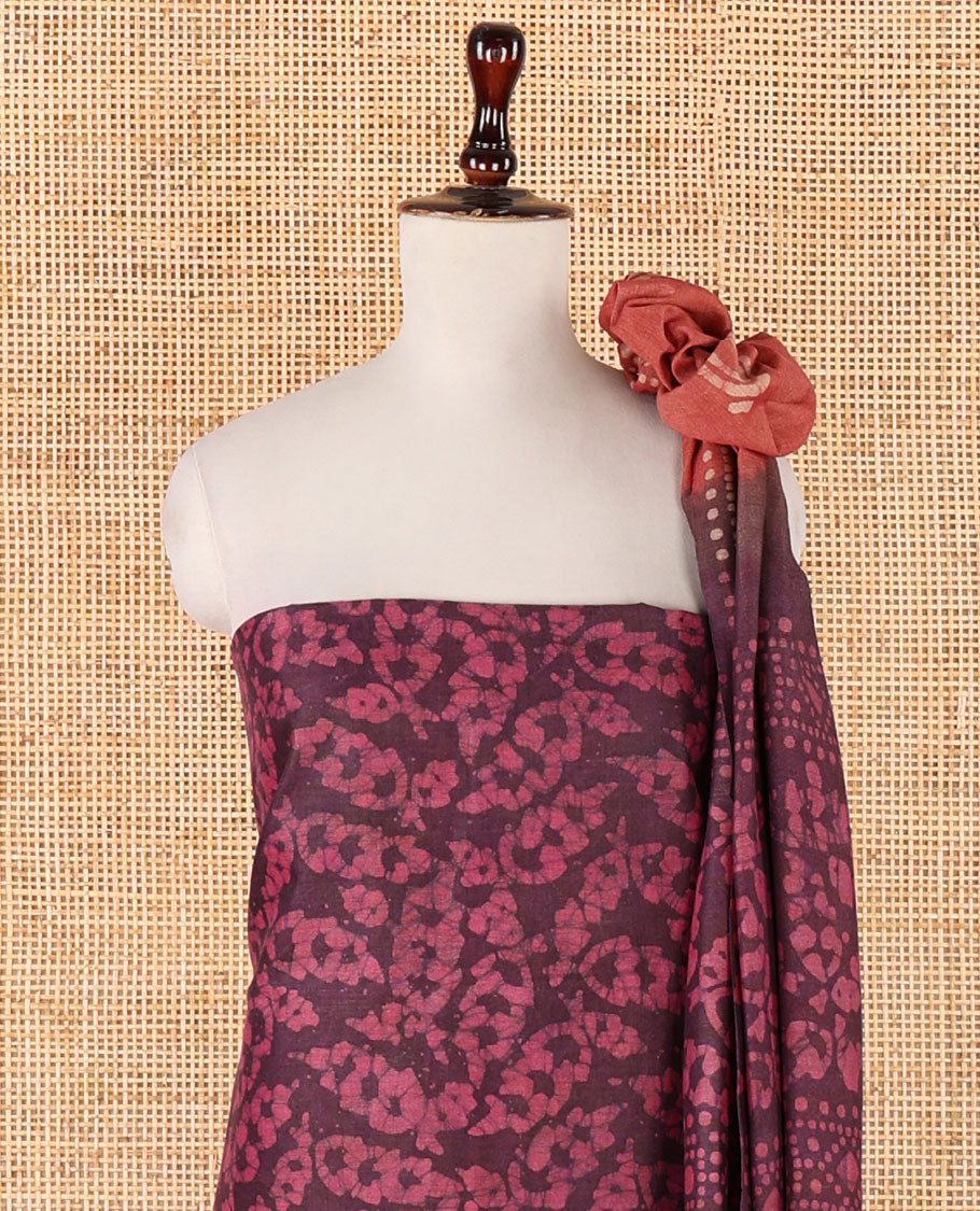 Onion pink chudidhar material, leaf batik-print bhagalpuri cotton top,contrast batik-print bottom & dual-color printed mul-mul dupatta