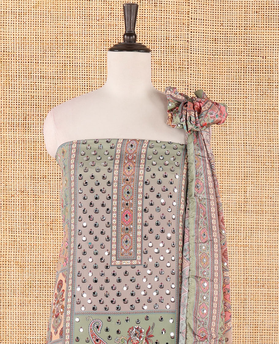 Pista green material chudidar set, intricate print & real mirrorwork crepe masakali top,plain bottom & intricate print & mirrorwork Chinon dupatta