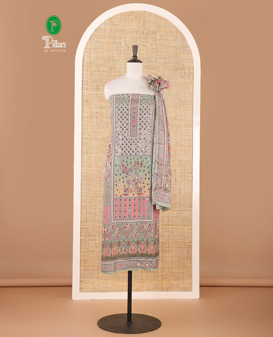 Pista green material chudidar set, intricate print & real mirrorwork crepe masakali top,plain bottom & intricate print & mirrorwork Chinon dupatta