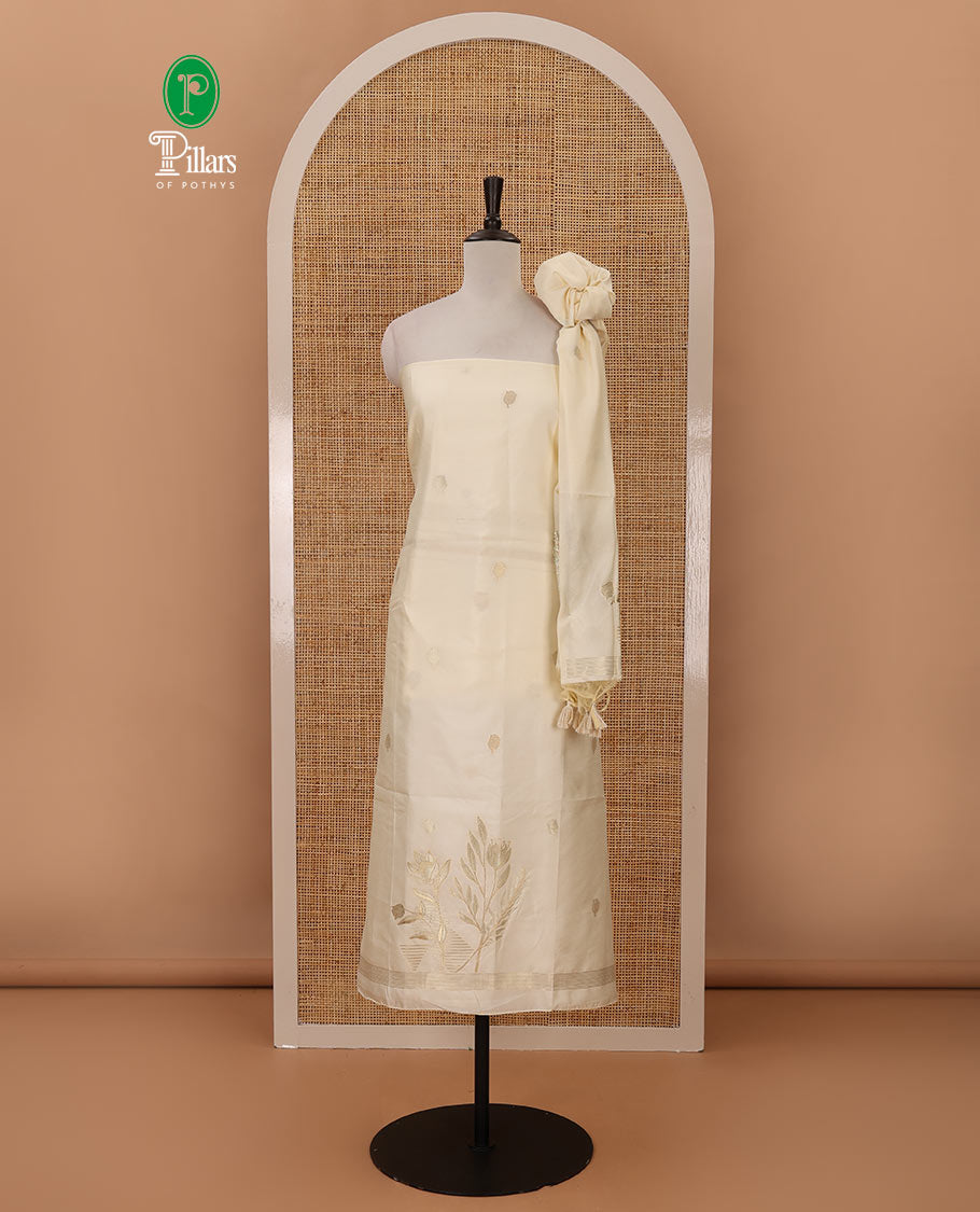 Kerala cream chudidar material, zari floral design woven taffeta silk top, plain santoon bottom & floral zari design dupatta