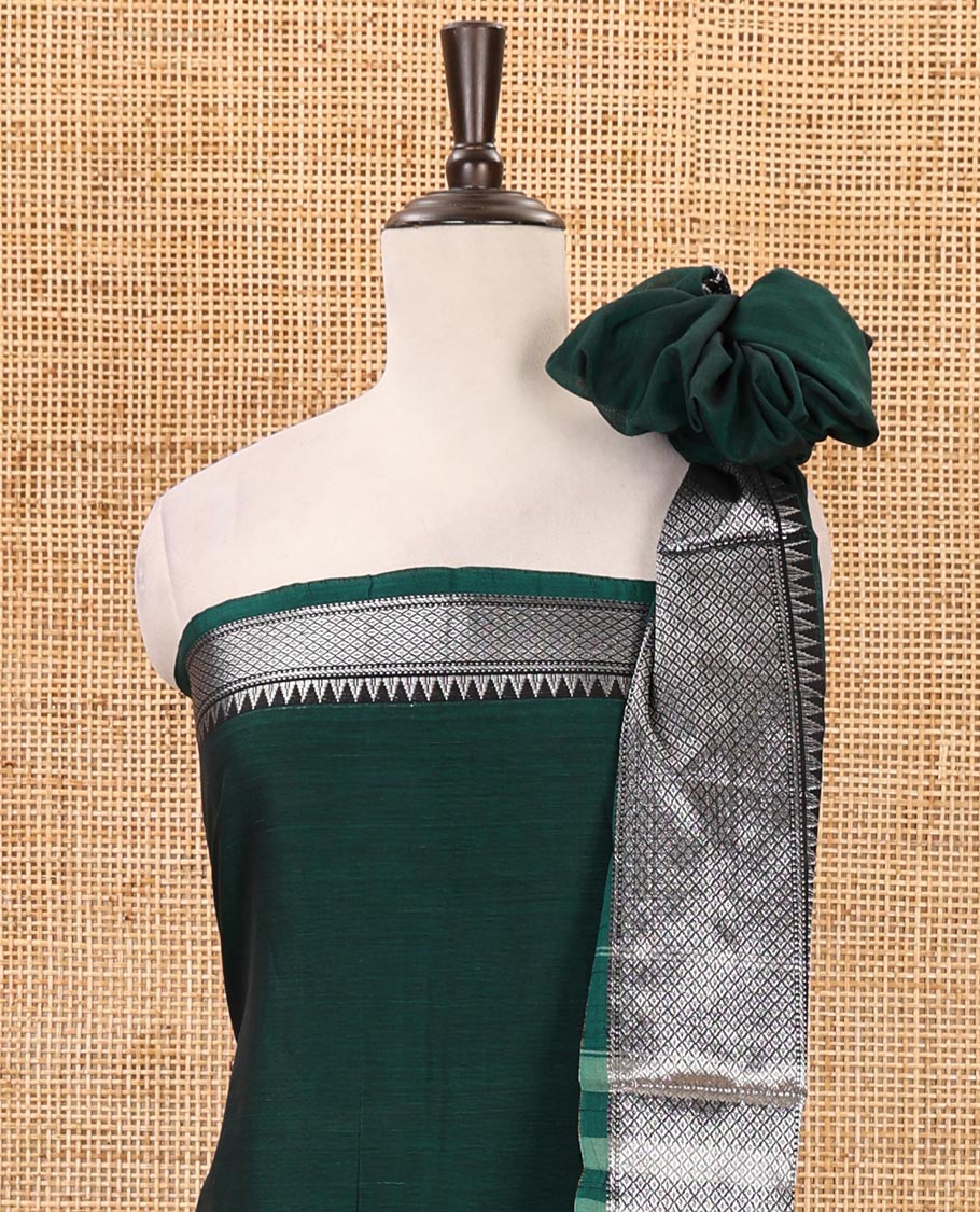 Green material chudidar set,traditional zari border mercerized cotton top, matching mercerized cotton bottom, & traditional border dupatta