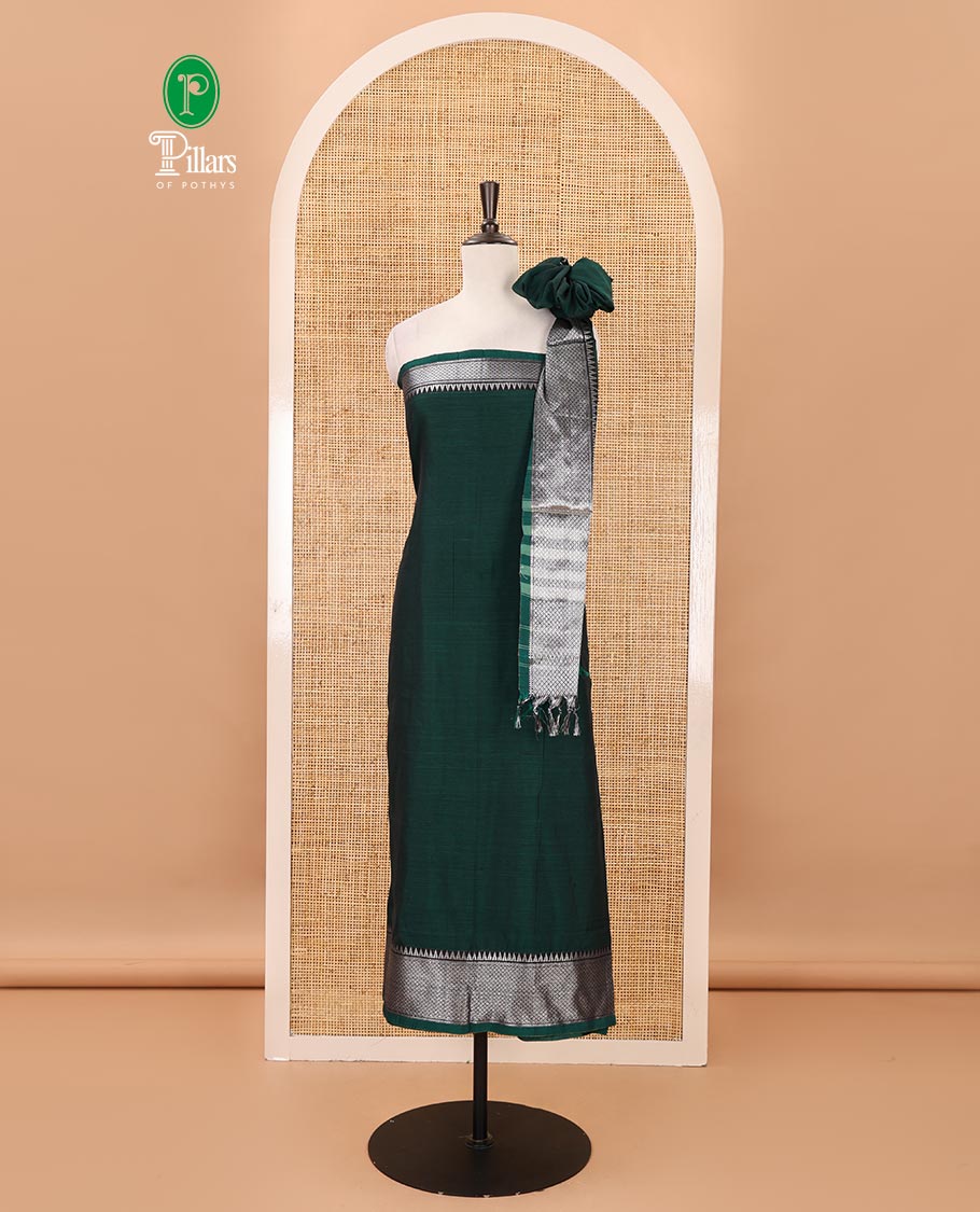 Green material chudidar set,traditional zari border mercerized cotton top, matching mercerized cotton bottom, & traditional border dupatta