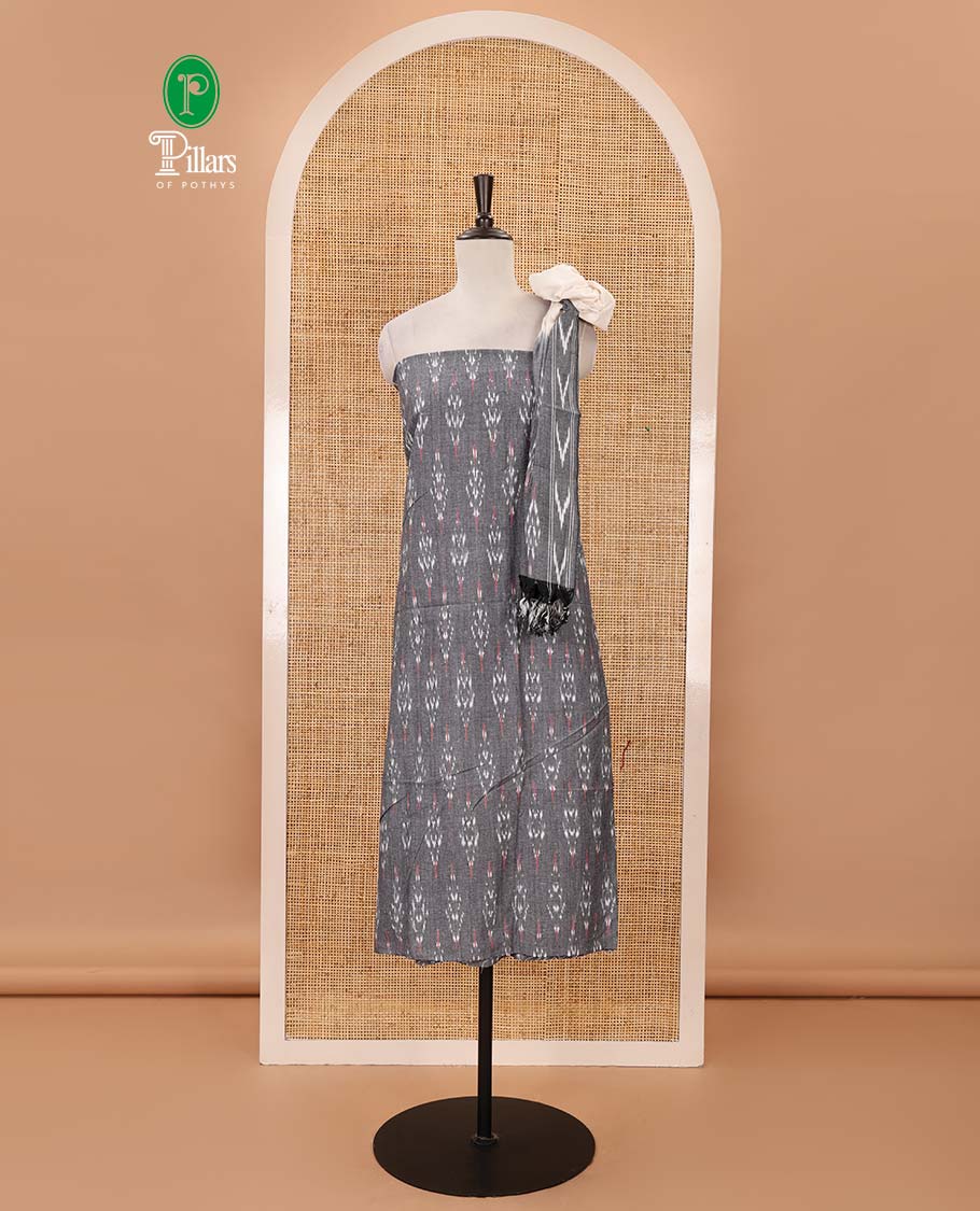 Grey material chudidar set, unique pochampally ikkat buttas printed pure cotton top, contrast cotton bottom & pochampally ikkat printed dupatta