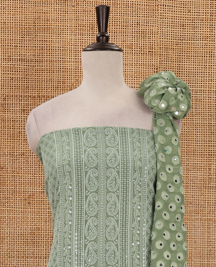 Green material chudidar set, floral, paisley & geometric schiffli embroidered georgette top & orginal mirror embroidered georgette dupatta