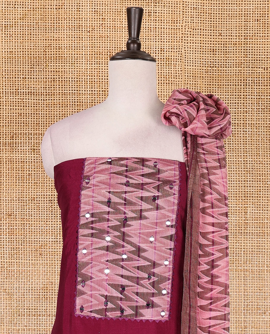 Wine Vertican silk material chudidar set, ikkat chevron striped with mirror neck embroidered top, santoon bottom, and contrast chevron striped dupatta