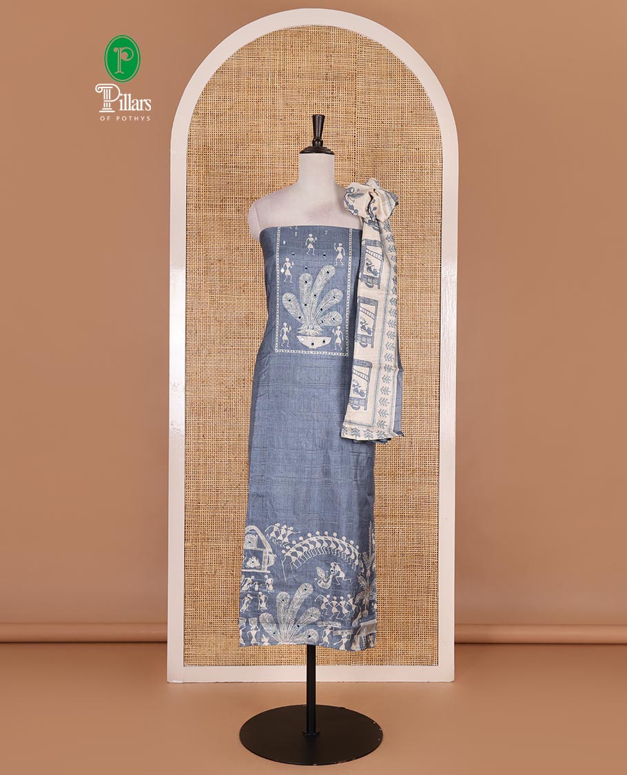 Blue material churidar set, warli tribe village theme print with mirror work semi-tussar top, plain bottom, and warli tribe village theme print semi-tussar dupatta
