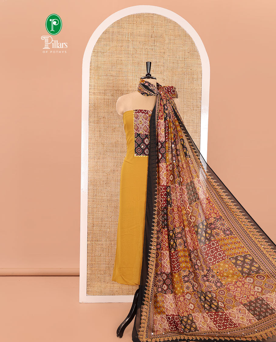 Yellow Material Chudidhar Set, Ornamented with Ajrakh-Style Print and Mirror Work Fox Georgette Top, Santoon Plain Bottom, and Georgette Dupatta of Ajrakh Print and Mirror Work