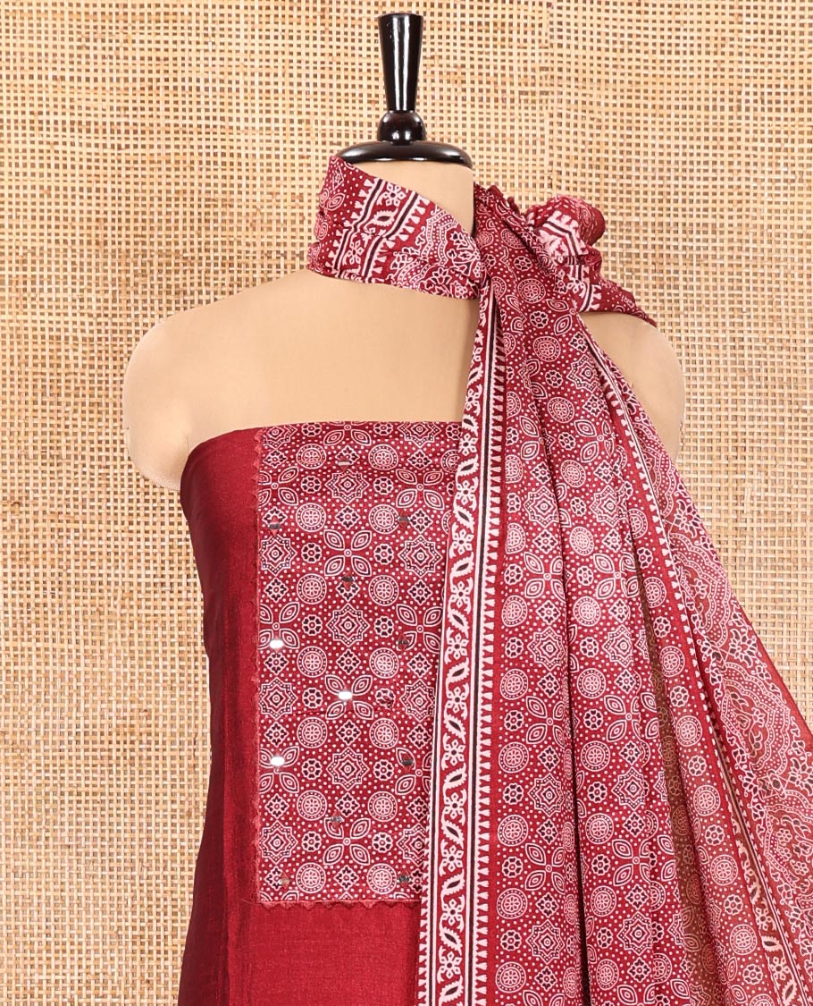 Red Material Chudidhar Set, Bedecked with Ajrakh Patch Work and Mirror Work, Vichitra Silk Top, Plain Santoon Bottom, and Chinon Silk Dupatta Featuring Intricate Ajrakh Prints