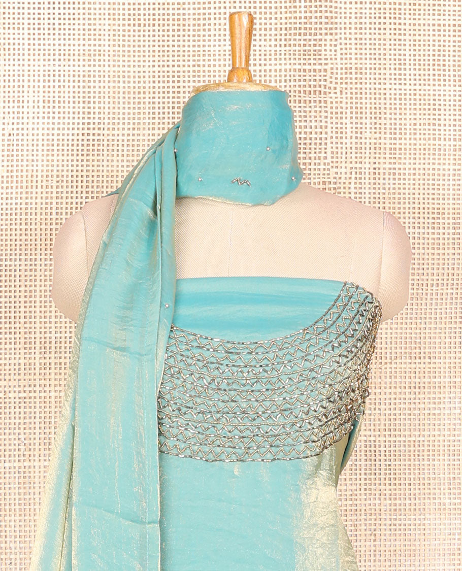 Firosi jewllery antique neck handwork fendy organza chudidhar material set with santoon material pants & one side hanwork dupatta