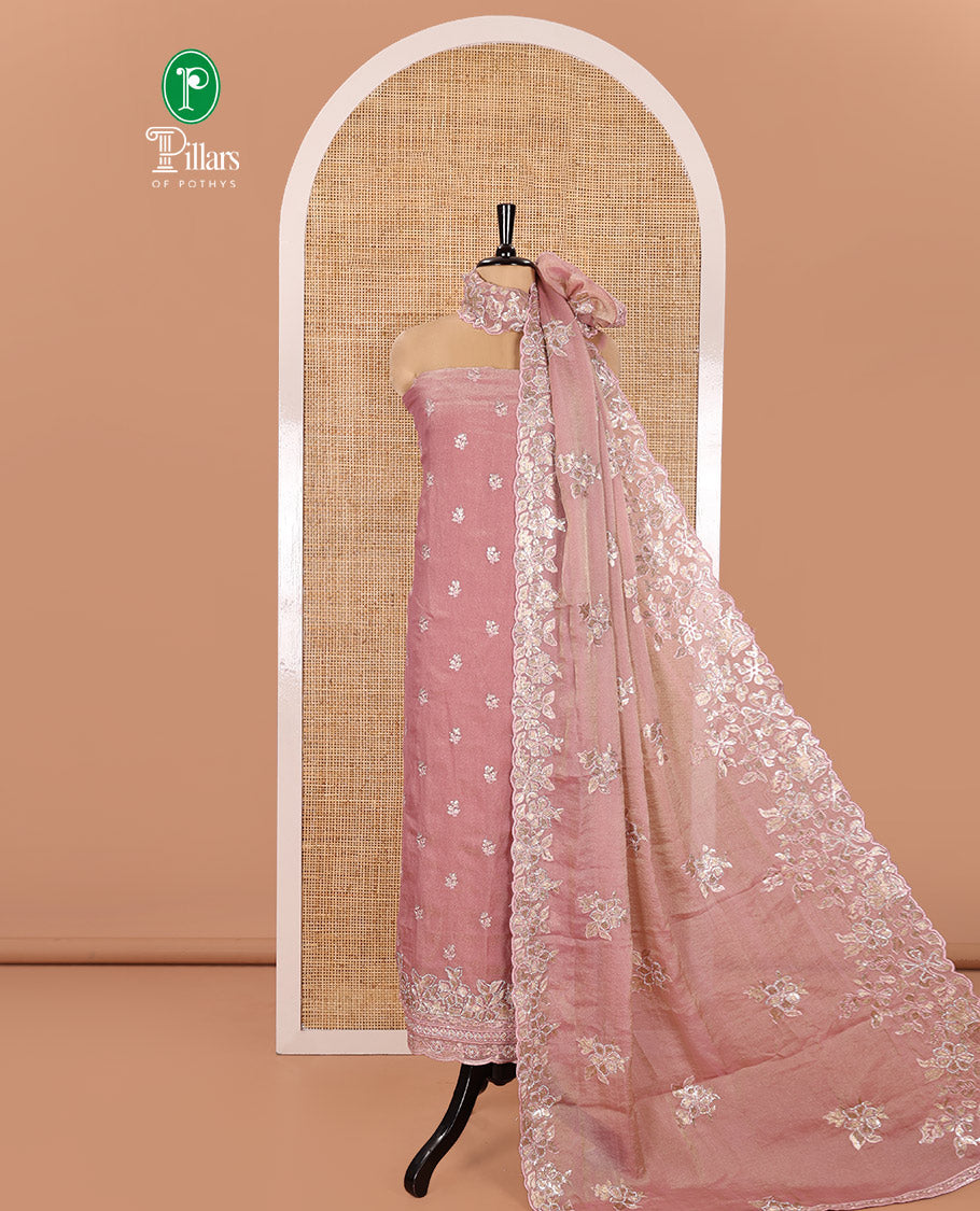 Pink Material Churidar Set, Artfully Detailed with an Floral Motifs Embroidered on Its Nc Moss Organza Top, Plain Santoon Bottom, and Nc Moss Organza Scallop Dupatta of Floral-Leaf Embroidery