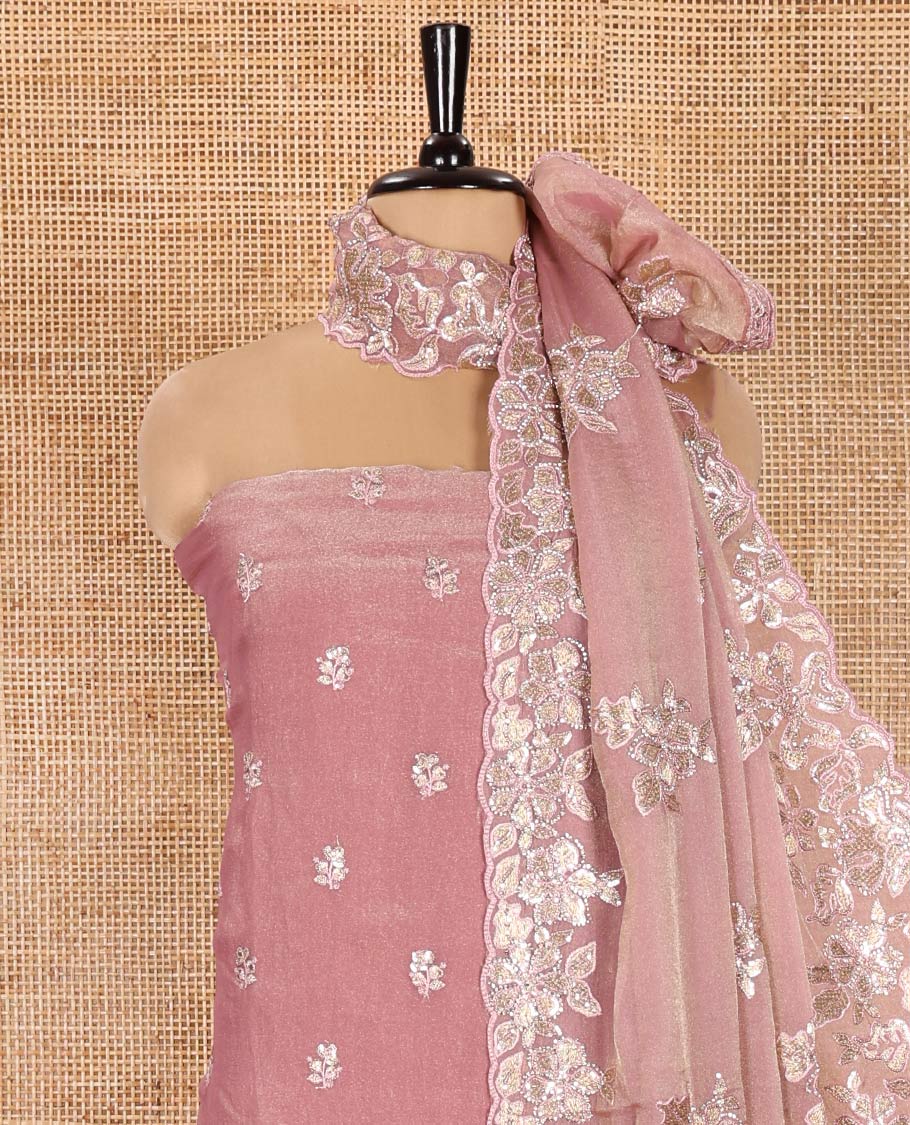 Pink Material Churidar Set, Artfully Detailed with an Floral Motifs Embroidered on Its Nc Moss Organza Top, Plain Santoon Bottom, and Nc Moss Organza Scallop Dupatta of Floral-Leaf Embroidery