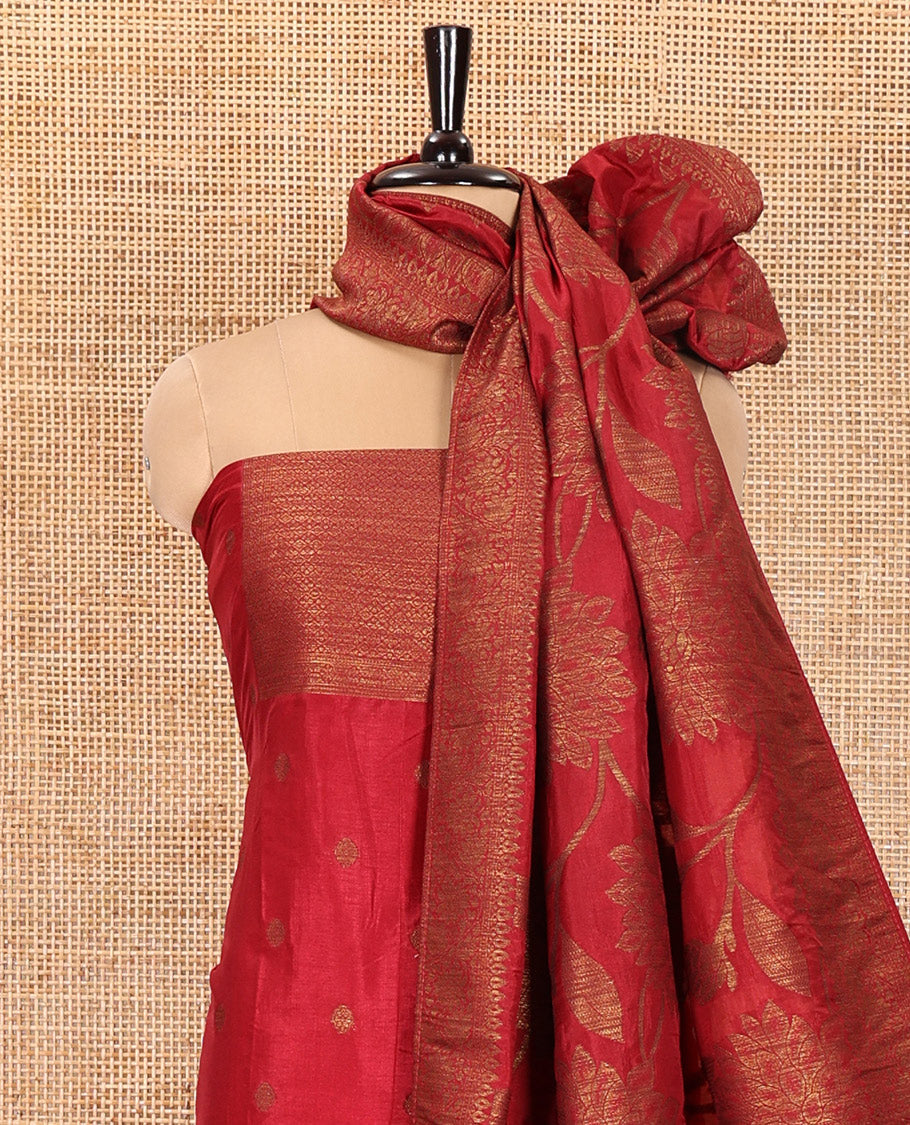 Red Material Churidar Set, Bedecked with Zari Buttas Woven on Its Semi-Silk Top, Comes with a Plain Santoon Bottom, and a Semi-Silk Floral Jaal Zari Jacquard Dupatta