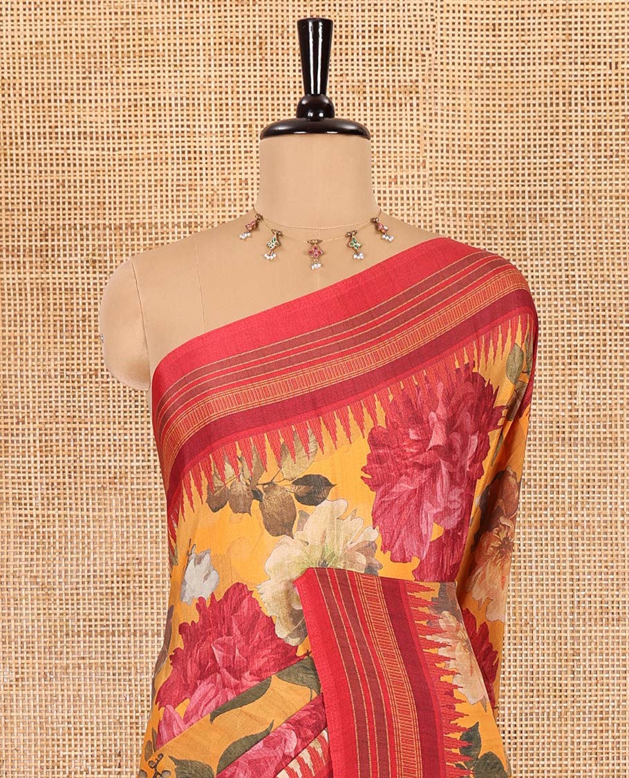 Mustrad floral printed Italian crepe saree, contrast temple printed border, striped pallu, and a printed bordered blouse