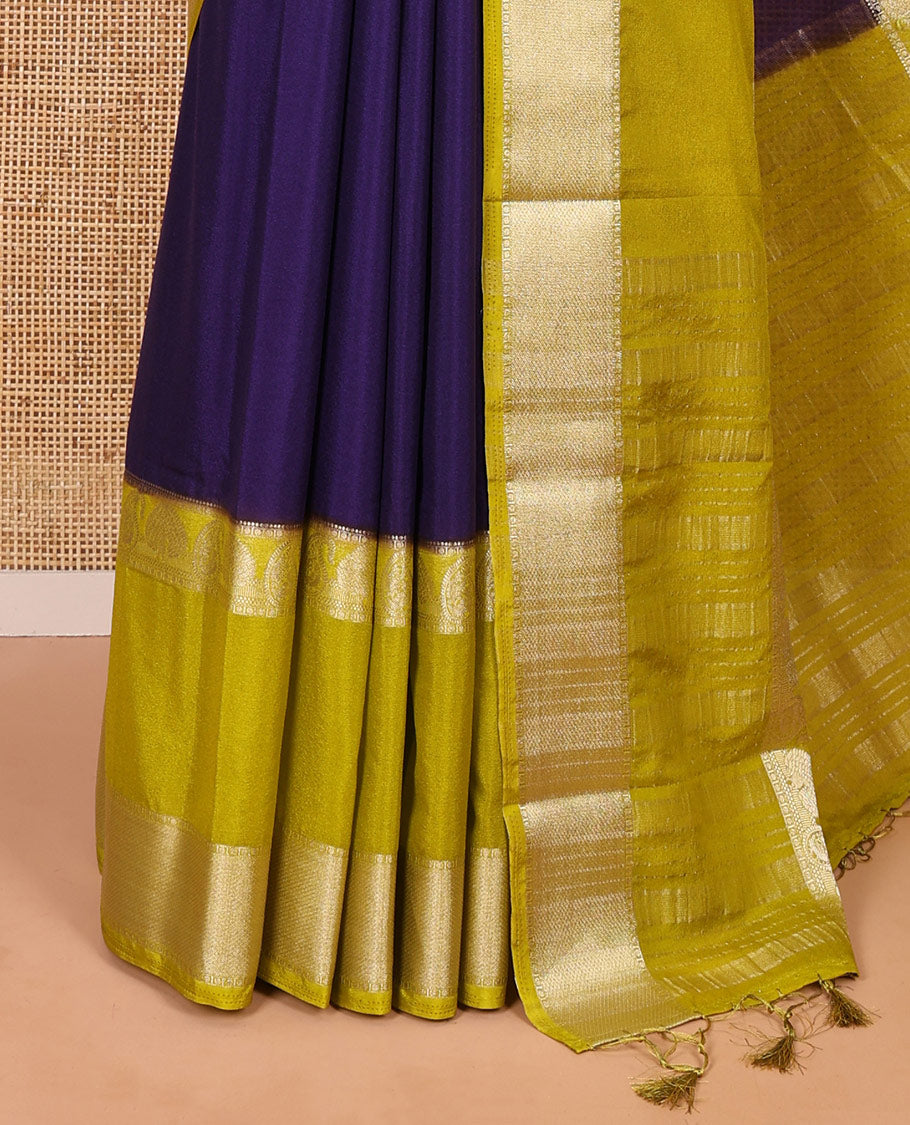 Purple plain fancy Mysore silk saree, contrast rettai-pettu traditional zari border of peacock and paisleys, zari striped pallu, and a contrast zari design blouse