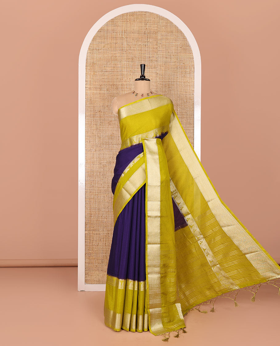 Purple plain fancy Mysore silk saree, contrast rettai-pettu traditional zari border of peacock and paisleys, zari striped pallu, and a contrast zari design blouse