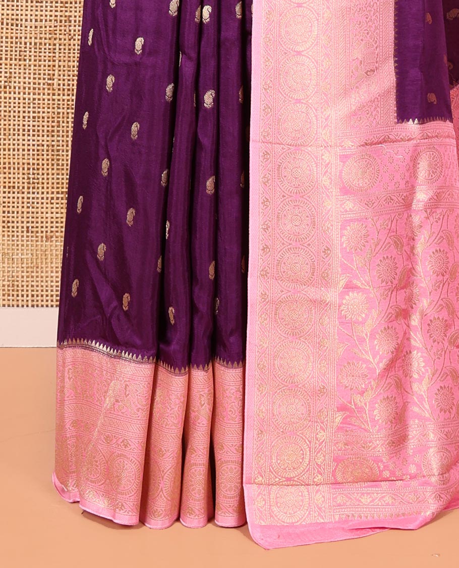 Purple Russian Dola Silk Saree, Prettified with Paisley Buttas All Over Its Body, Complemented by a Contrast Traditional Zari Design Border, Pallu of Floral Jaal Designs, and Paired with a Contrast Blouse