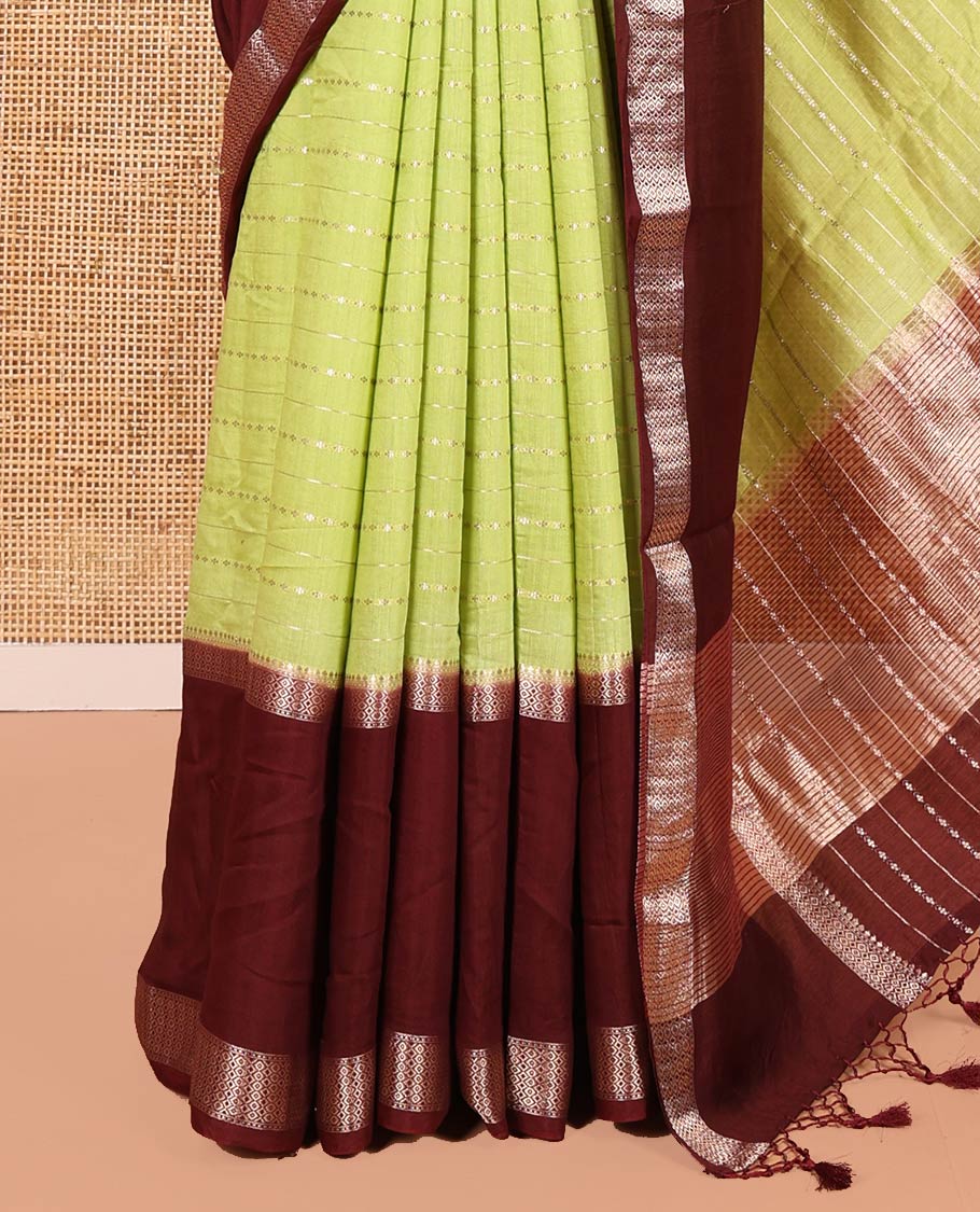 Elaichi Green Assam Silk Saree, Embellished with Horizontal Zari Stripes All Over Its Body, Complemented by a Contrast Traditional Zari Design Rettai Pettu Border, Grand Zari Striped Pallu, and Paired with a Contrast Blouse