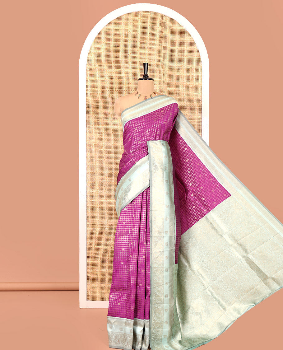 Dark Pink Litchi Saree Features Buttas and Checks, Contrast Traditional Peacocks Border, Intricate Pallu, and Contrast Blouse