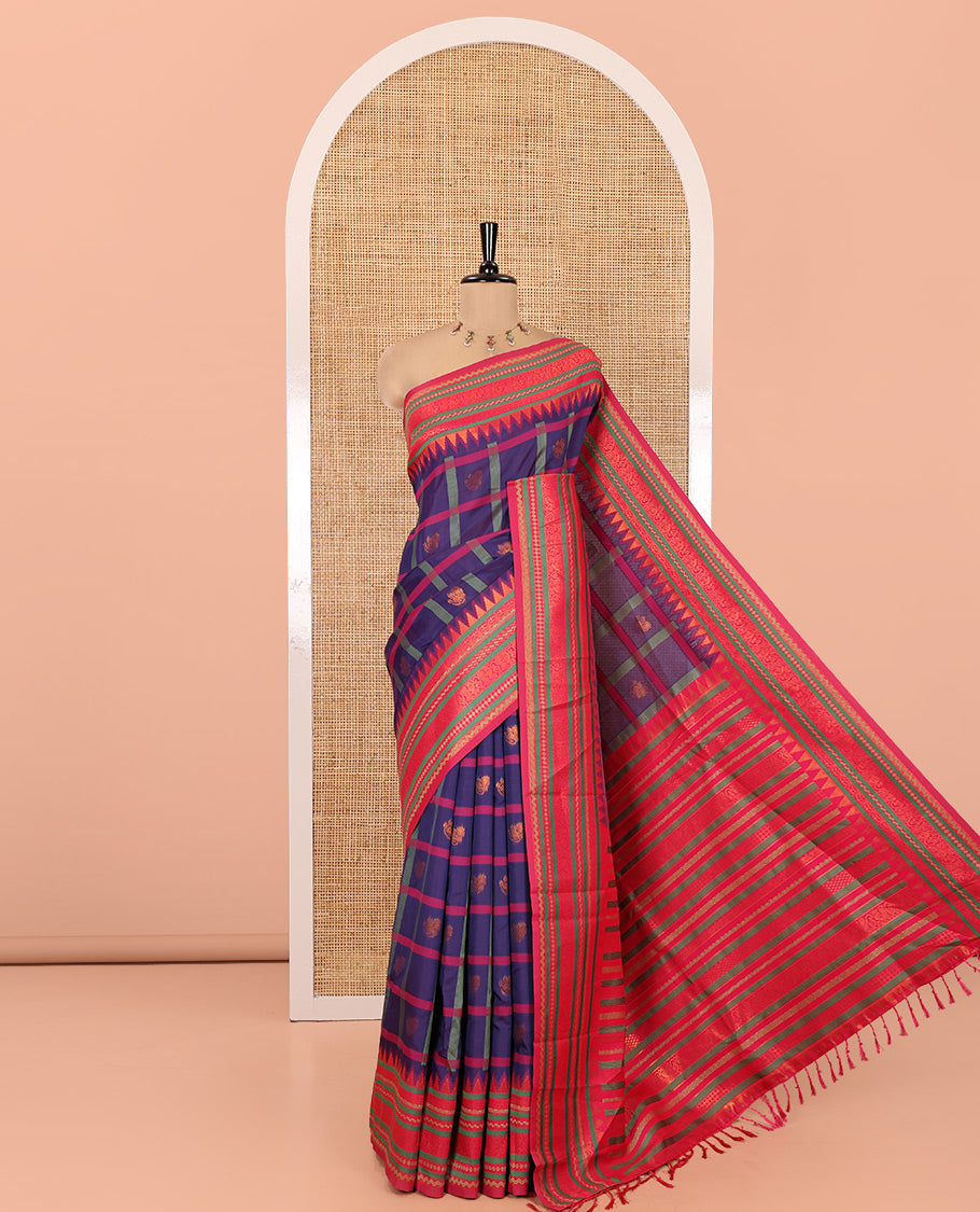 Purple Litchi Chettinad Saree Features Zari Design, Contrast Traditional Border, Contrast Blouse