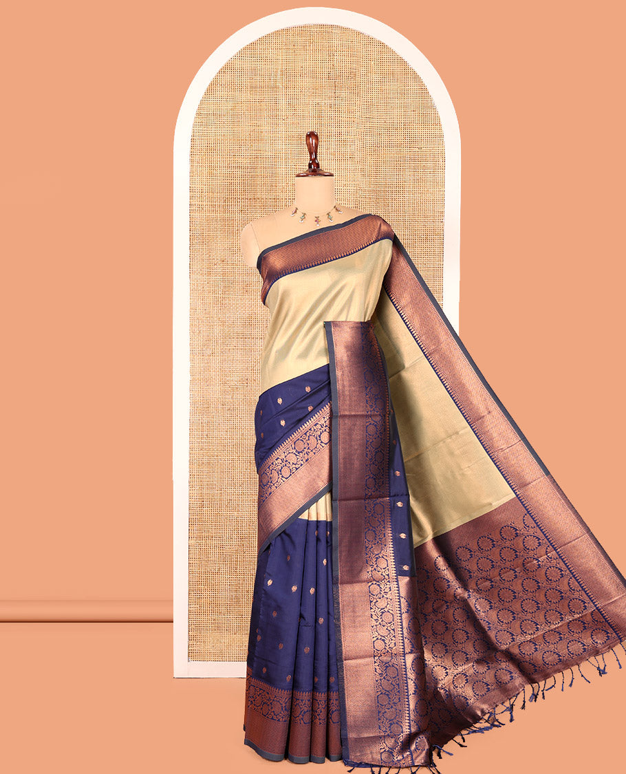 Navy Litchi Saree, Adorned with Half-And-Half and Zari Buttas, Contrast Traditional Zari Border, Grand Pallu, and a Contrast Blouse