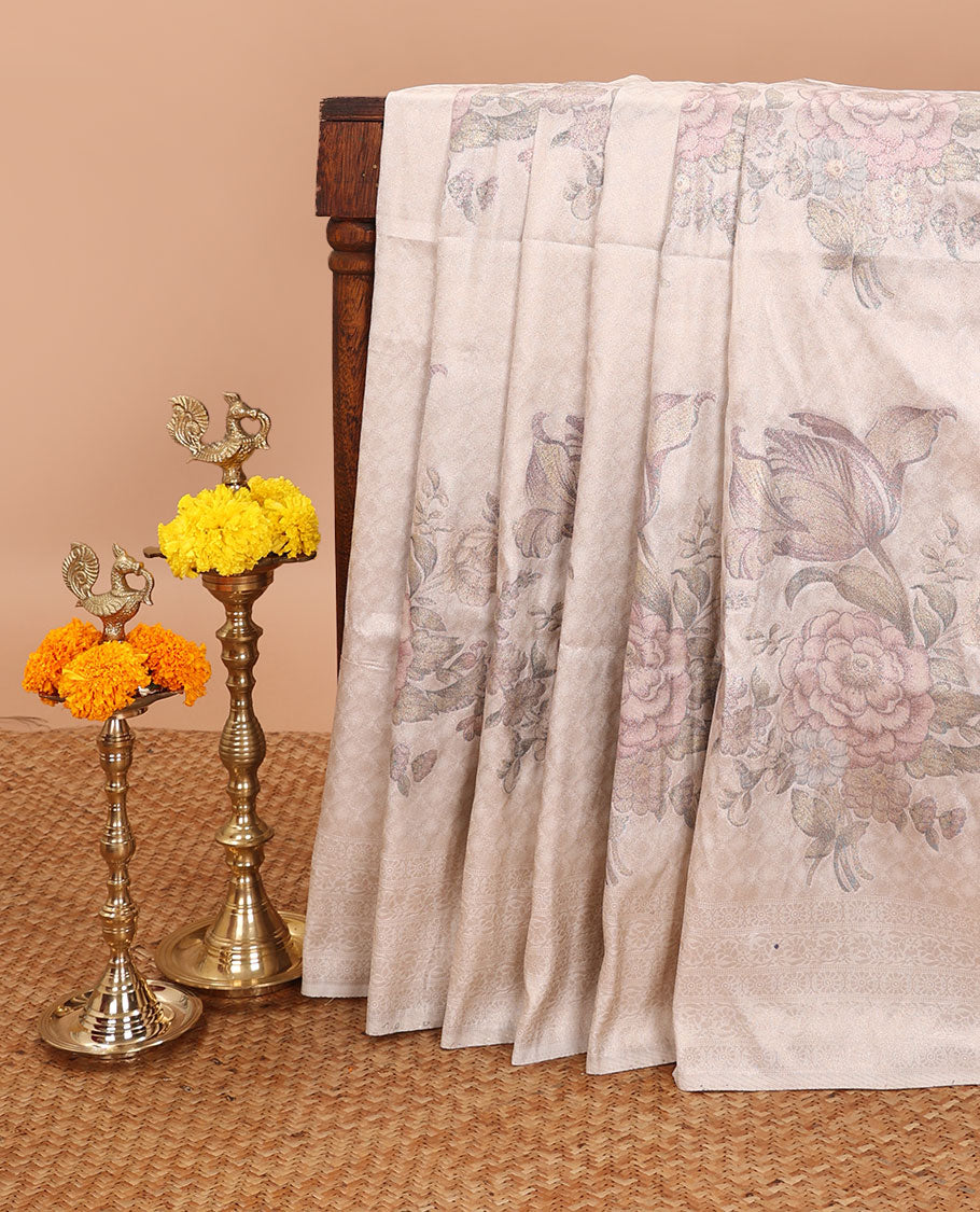 Off white digital woven softy saree with self border & rich pallu along with plain blouse