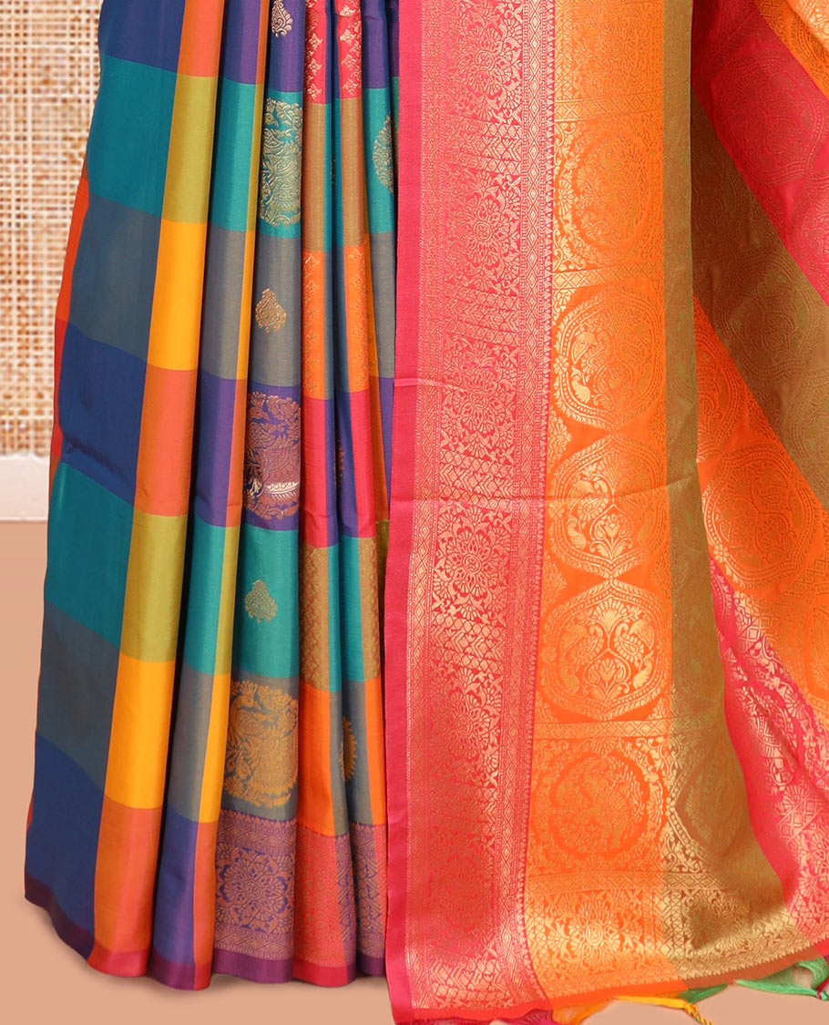 Multi-Color Palum Pazhamum Checked Fancy Soft Silk Saree, Ornamented with Zari Buttas, a Zari Border, Rich Pallu, a Matching Blouse