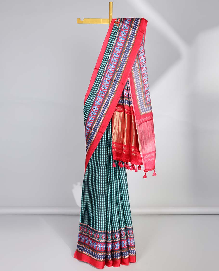 Green checked design semi-banaras printed saree with contrast geometric border & animal, geometric design pallu