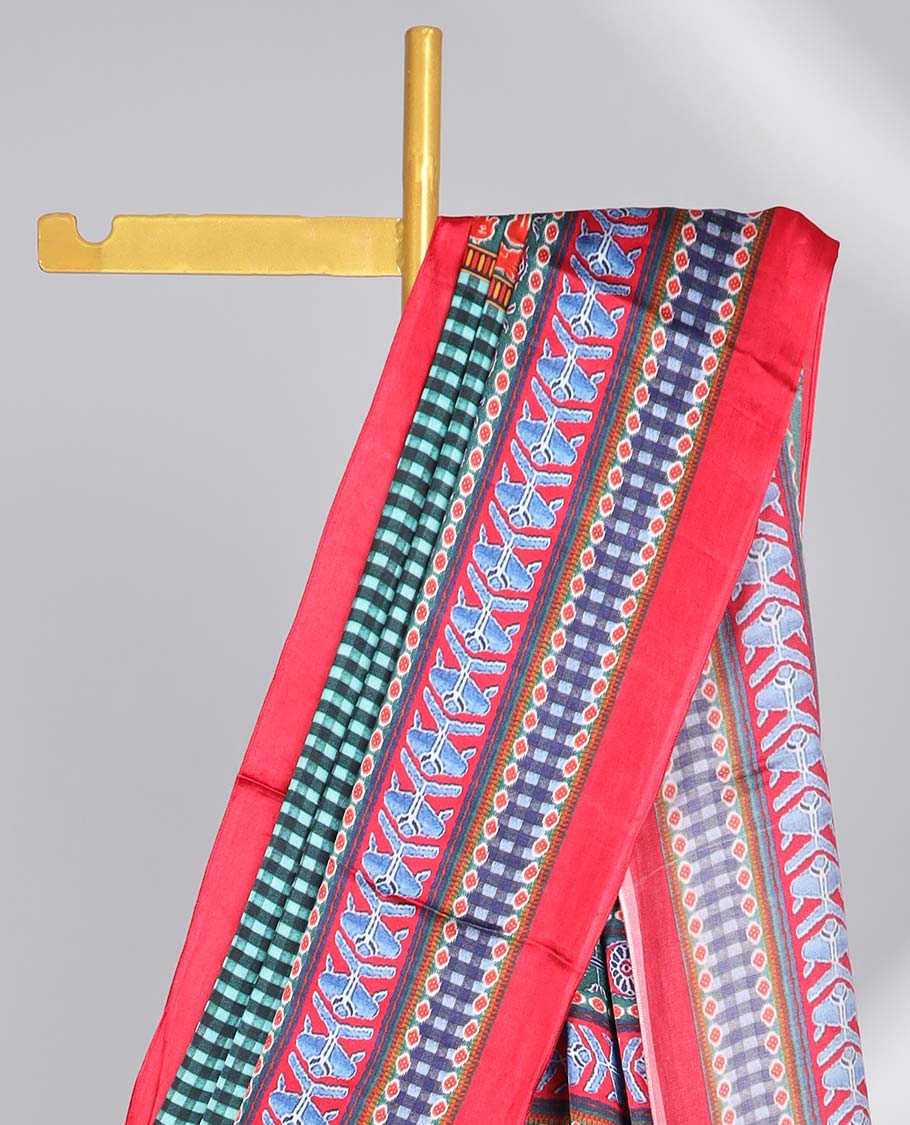 Green checked design semi-banaras printed saree with contrast geometric border & animal, geometric design pallu