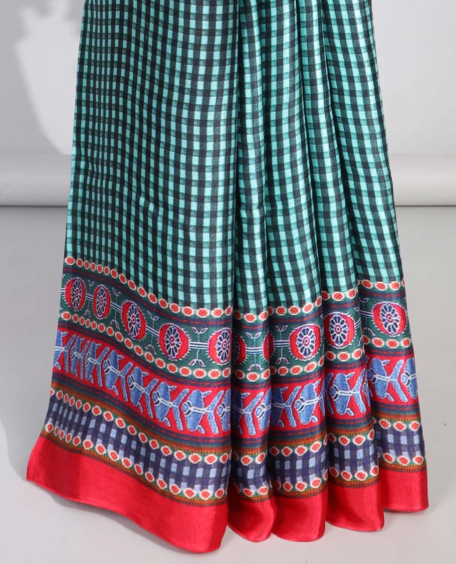 Green checked design semi-banaras printed saree with contrast geometric border & animal, geometric design pallu