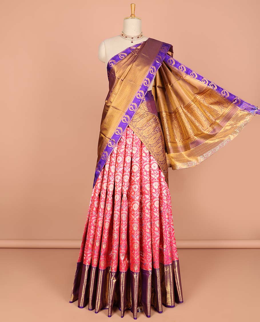 Red floral jacquard pure silk half saree with contrast striped design border , zari design blouse & checked, floral design dhavani