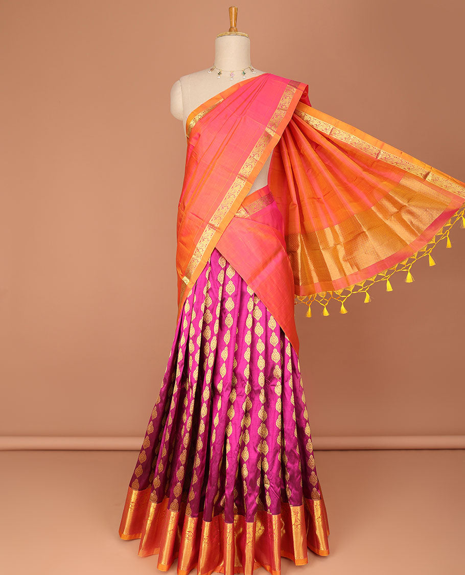 pink floral buttas pure silk half saree with contrast intricate zari design border, zari design blouse & floral zari design dhavani